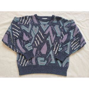 Vintage Michael Gerald Geometric 80s 90s Sweater Pullover Size Large Purple Blue